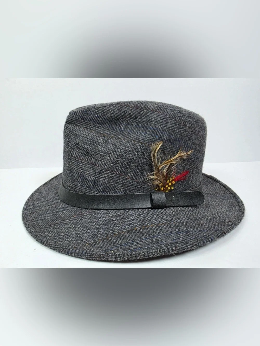 Vtg Stetson Mens Fedora Gray Tweed Herringbone Feather Made USA Large 7 1/4